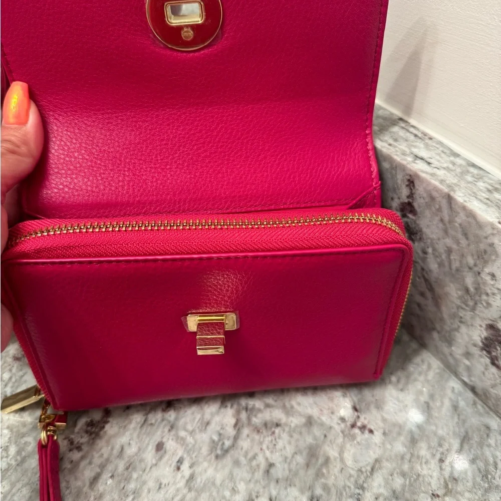Tory Burch Hot Pink Leather Wristlet with Gold Logo
